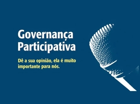 Arte de fundo azul com o texto “Governança Participativa. Dê sua opinião, ela é muito importante para nós”, ao lado a imagem de um microfone.