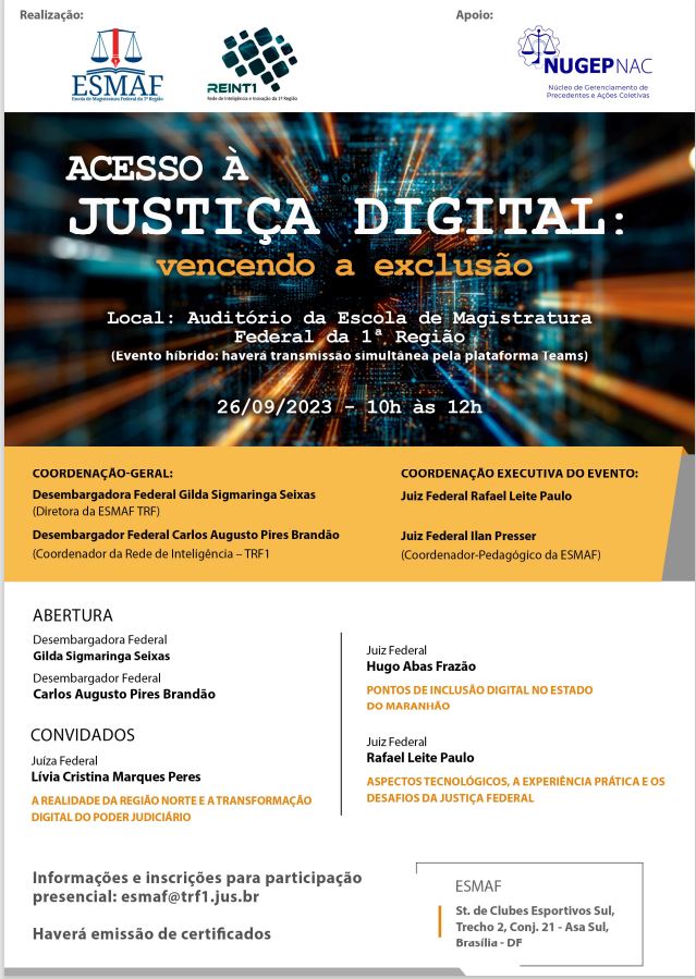 INSTITUCIONAL: Direito Digital será tema de seminários da Esmaf, Reint1 e Enfam no dia 26 de setembro